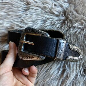 UO WESTERN Black Leather Belt with Silver Buckle GENUINE LEATHER